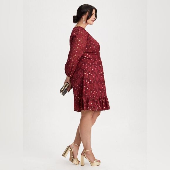 New With Tags London Times Size 18 V-neck Gold Foil Motif Fit & Flare Dress - Picture 5 of 17